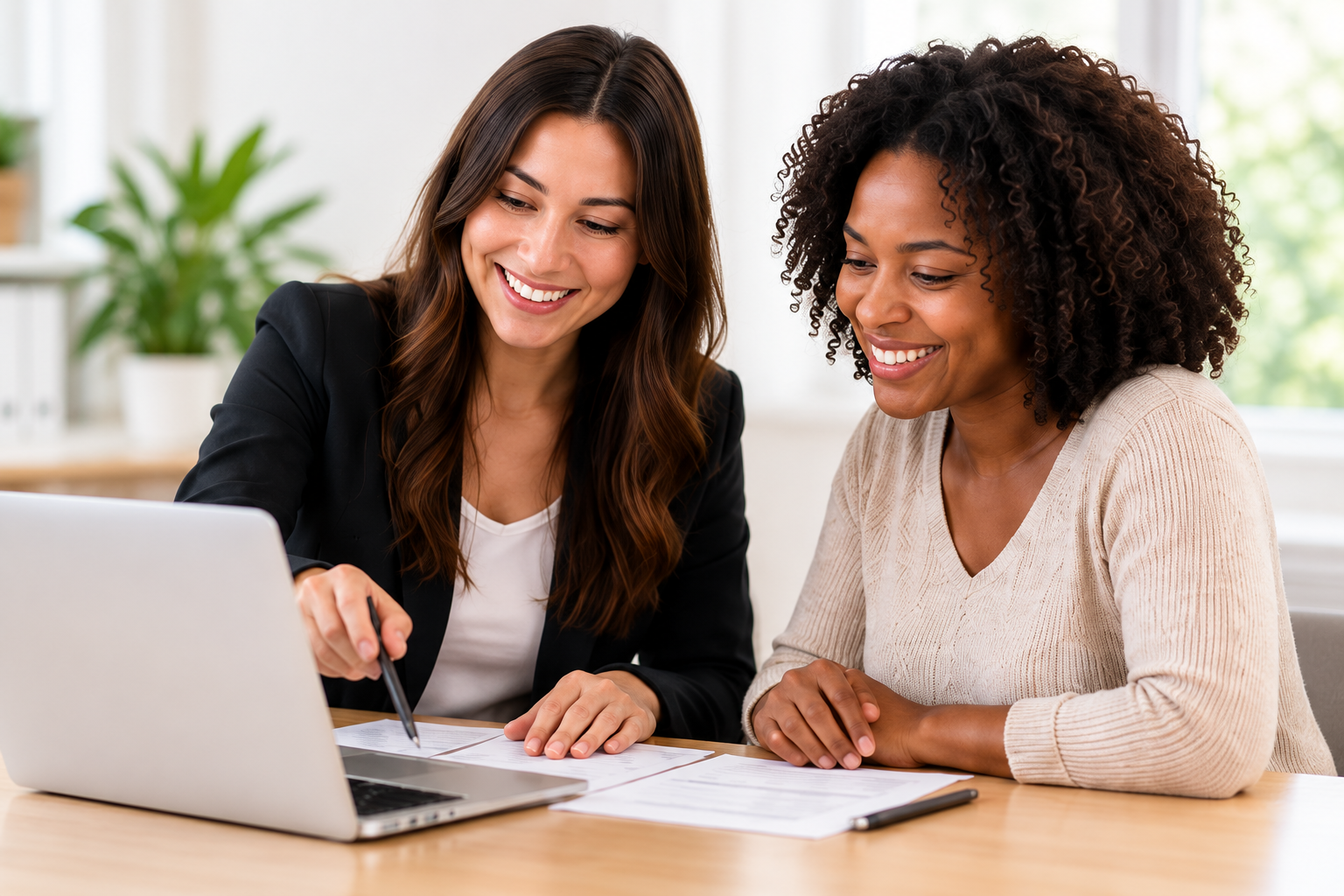 A SwiftTax professional and client reviewing tax documents together